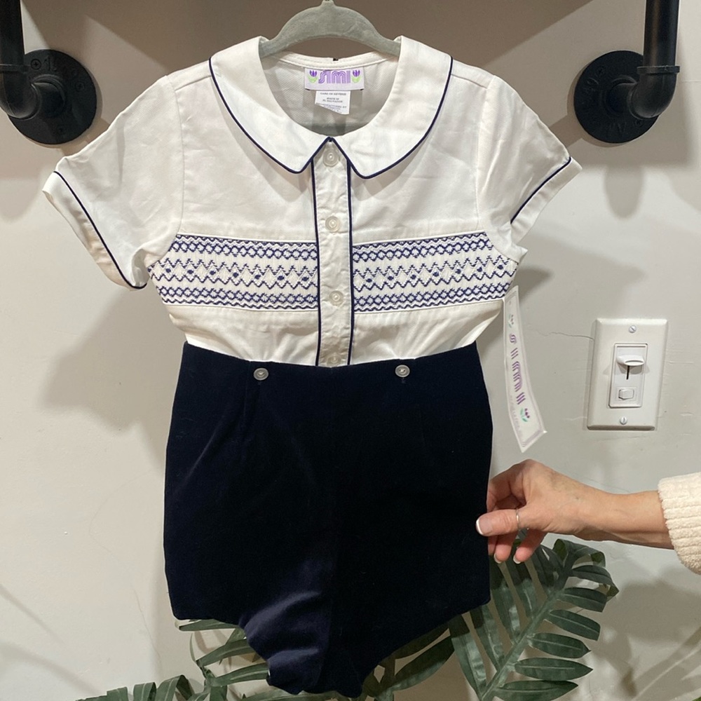 Navy Geometric smocked Navy Velveteen Boys Short Set. Size 3